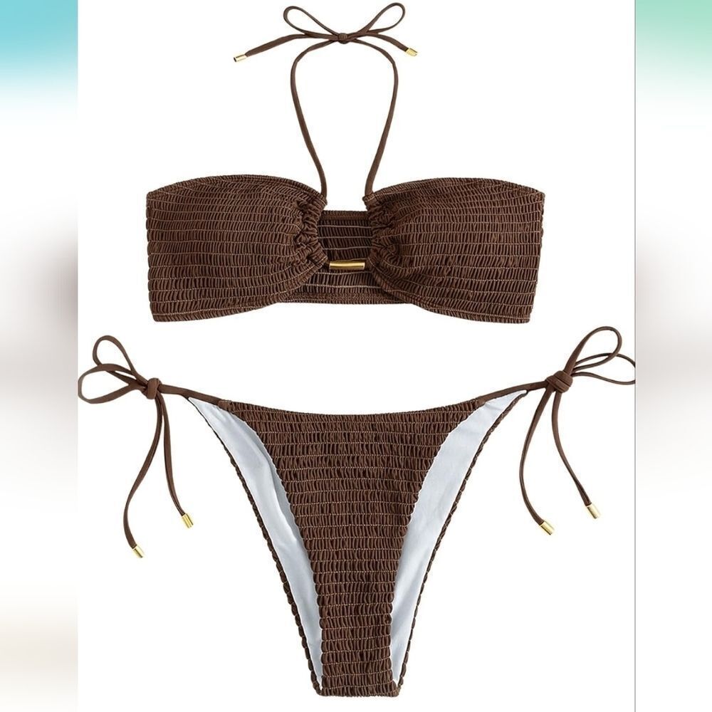 SweatyRocks Women's 2 Piece brown Ribbed Tie Side Halter Bikini Swimsuit Medium - Picture 4 of 10